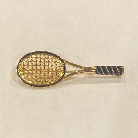 Tennis Racquet Brooch Pin Black and Gold Tone - Picture 2 of 6